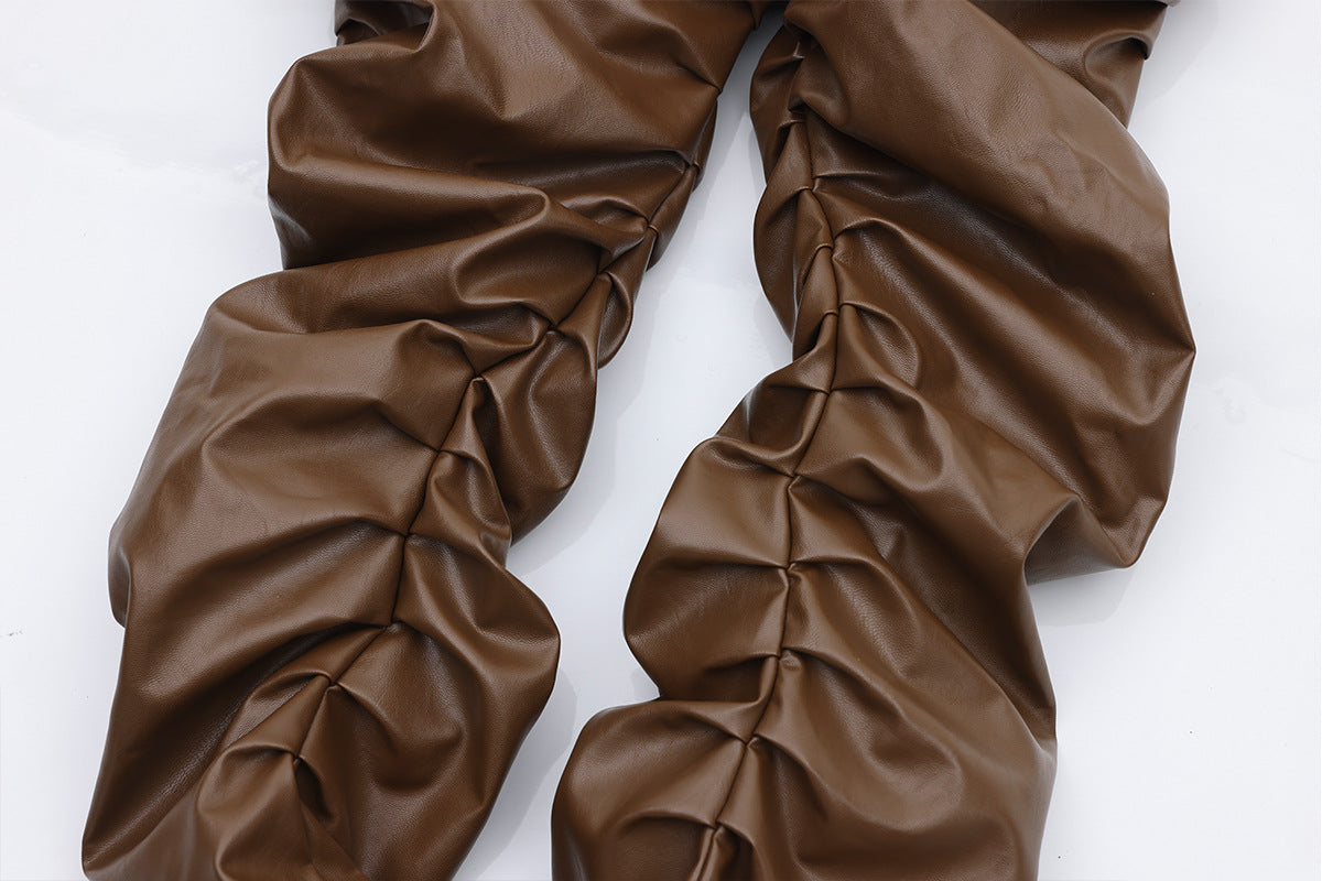 PU Leather Pleats Straight Pants
