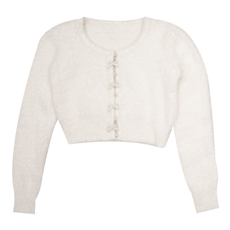 Pearl Bow Short Knit Cardigan