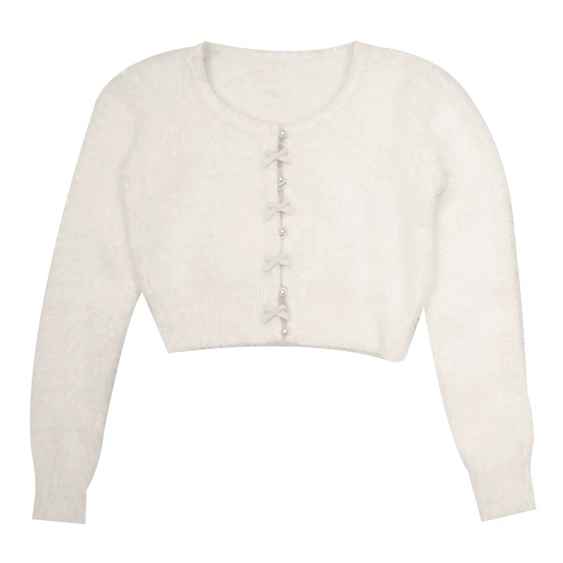 Pearl Bow Short Knit Cardigan