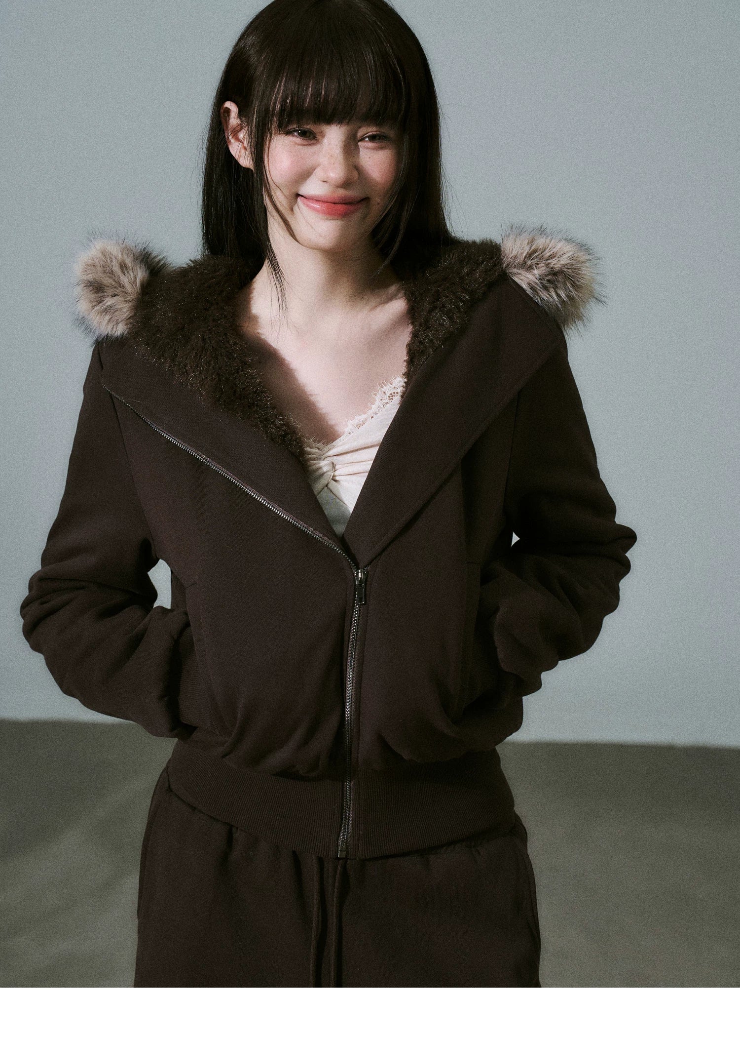 Fake Fur Hooded Zip-Up Jacket & Seatpants Setup