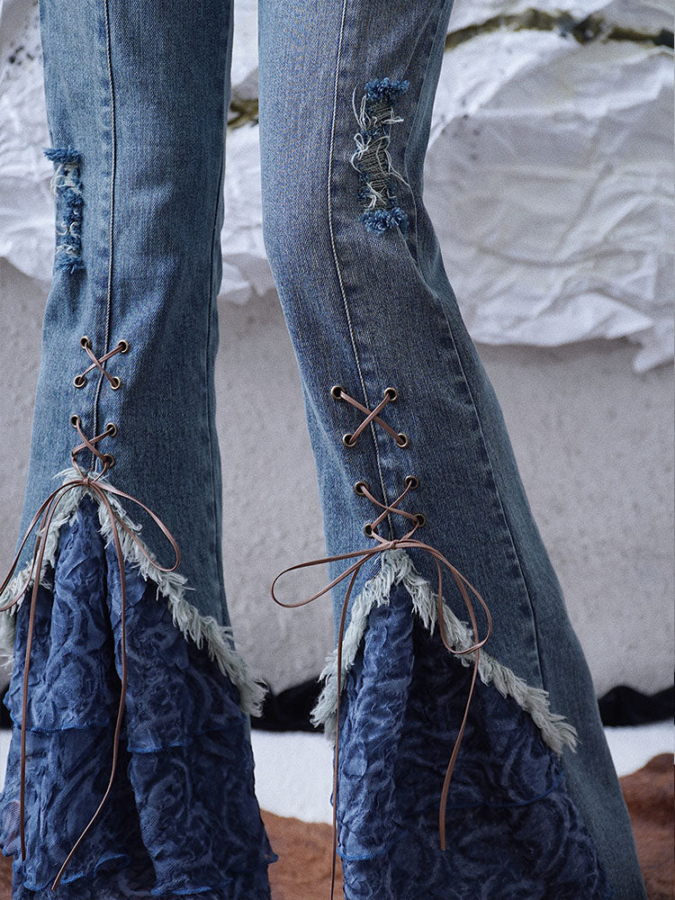 Patchwork Strap Detail Denim Pants