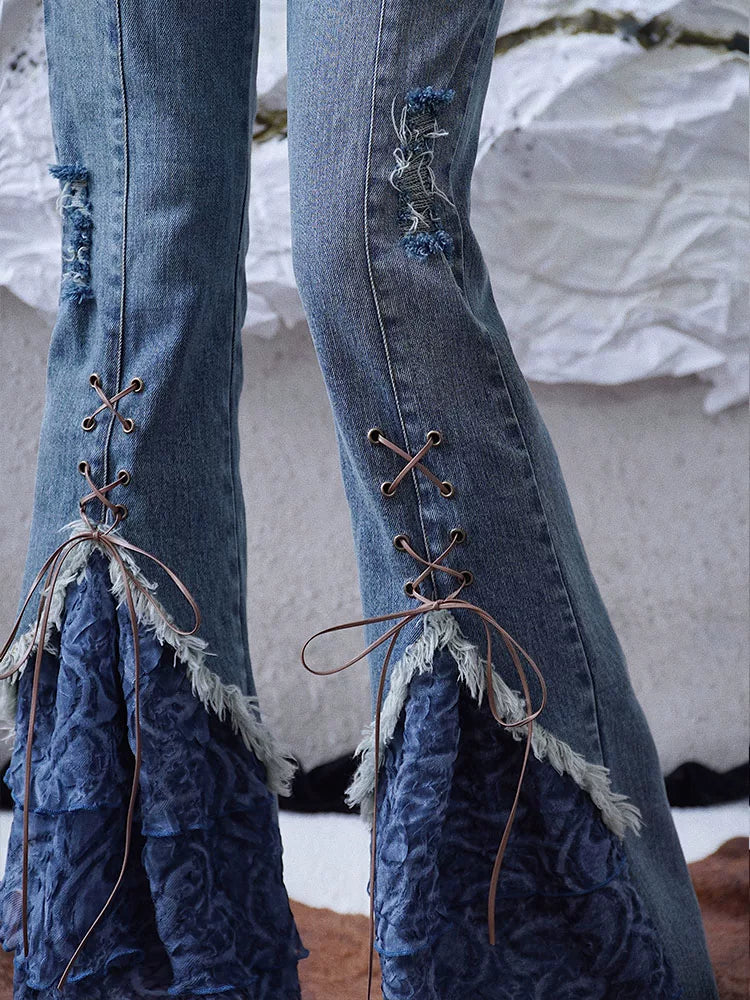 Patchwork Strap Detail Denim Pants