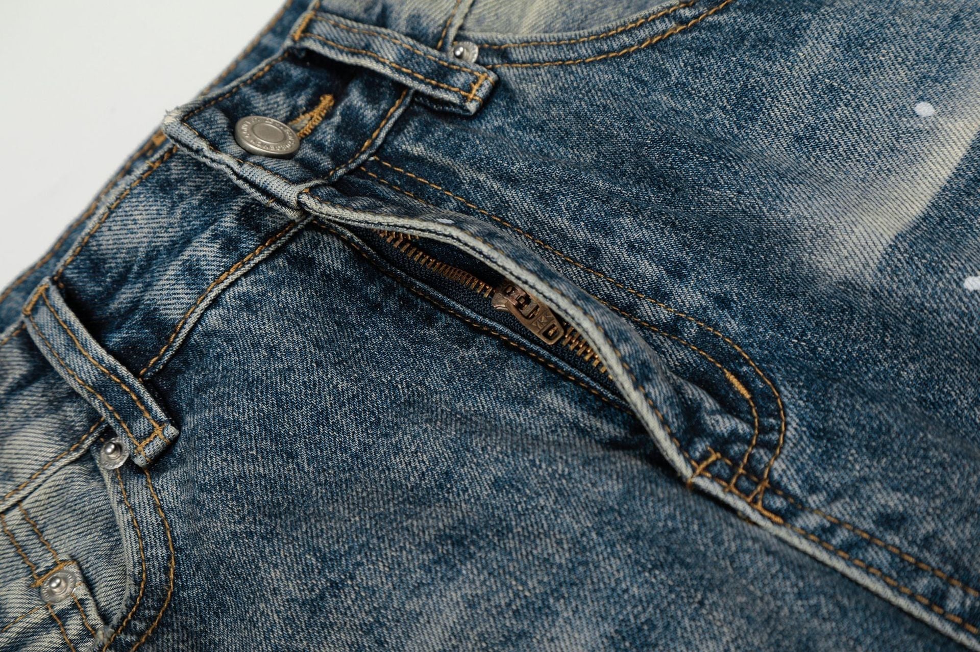 Washed Whisker Paint Splatter Straight Denim Jeans