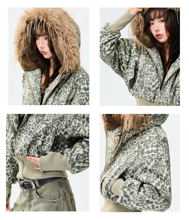 Leopard Print Fur-Trim Hood Puffer Jacket