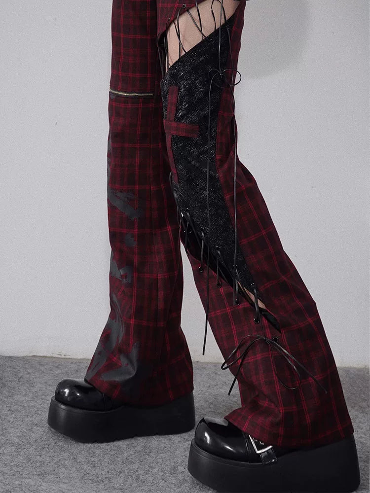 Tie-Strap Hollow-Out Plaid Patchwork PU Leather Pants