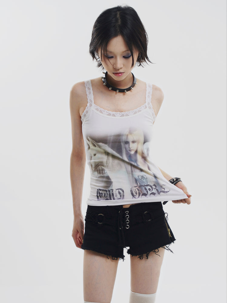 Angel Wolf Print Y2k Style Lace Camisole