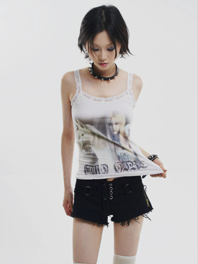 Angel Wolf Print Y2k Style Lace Camisole