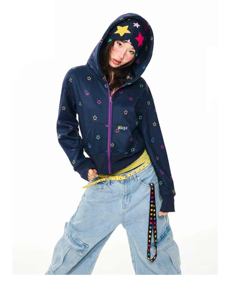 Star Print Fleece Zipper Hoodie