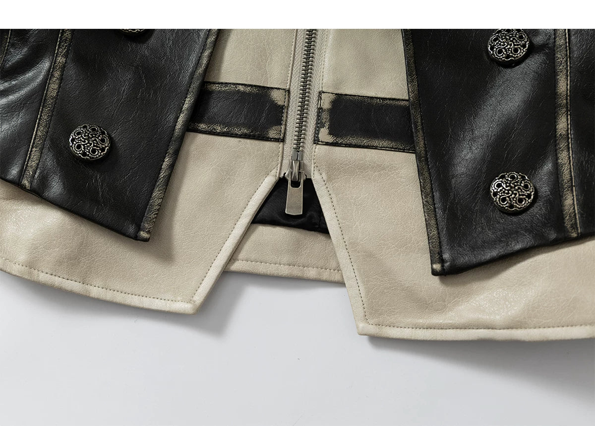 Standing-Collar Belt Detail Fake Fur Cuff PU Leather Jacket