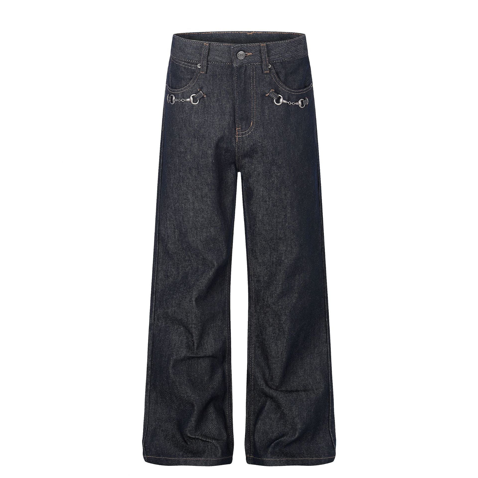 Washed Metal Buckle Wide Leg Denim Jeans