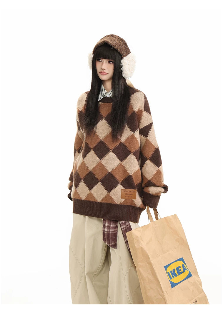 Heavyweight Diamond Pattern Oversize Hooded Knit Cardigan & Knit Sweater