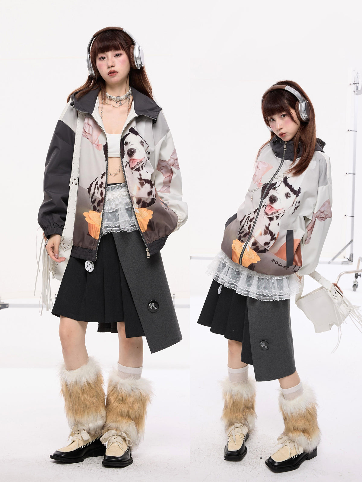 Dalmatian Print Contrast Patchwork Hooded Zipper Jacket