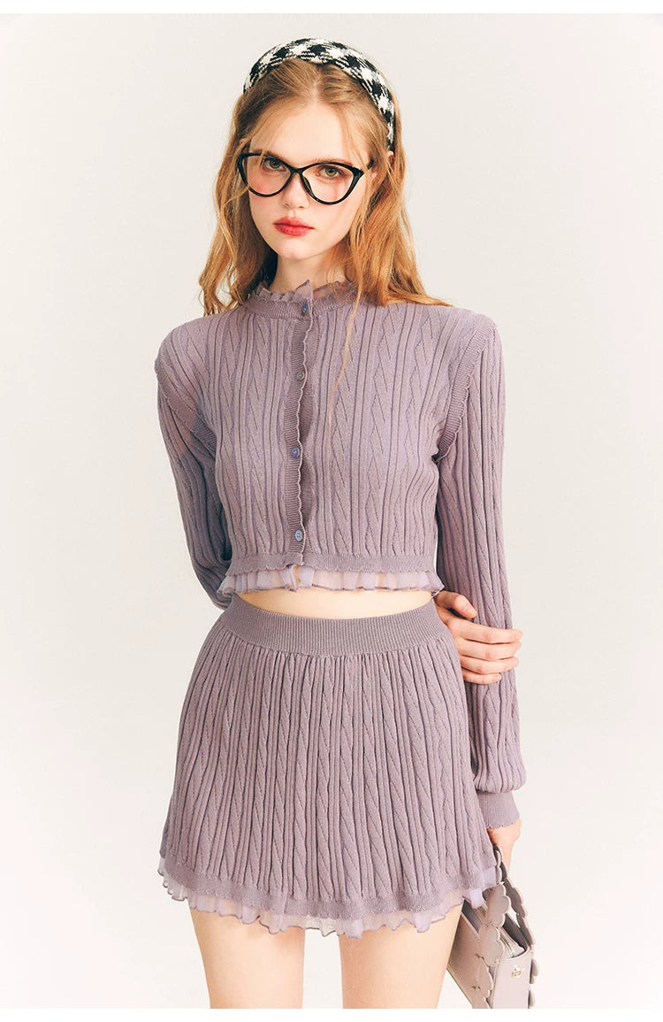 Tulip Button Knit Cardigan & Knit Short Skirt Setup