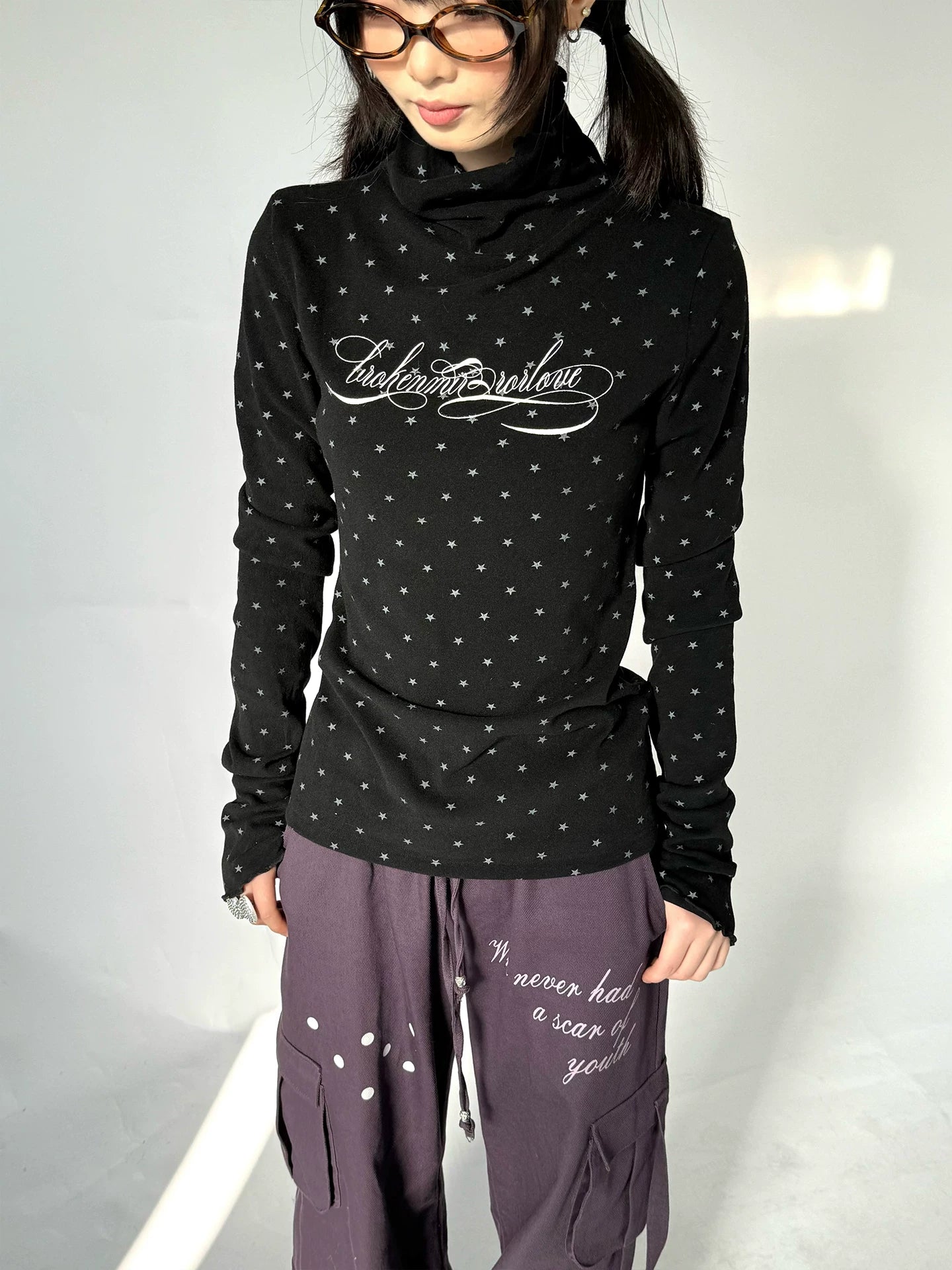 Polka Dot Print High-Neck Long Sleeve T-Shirt