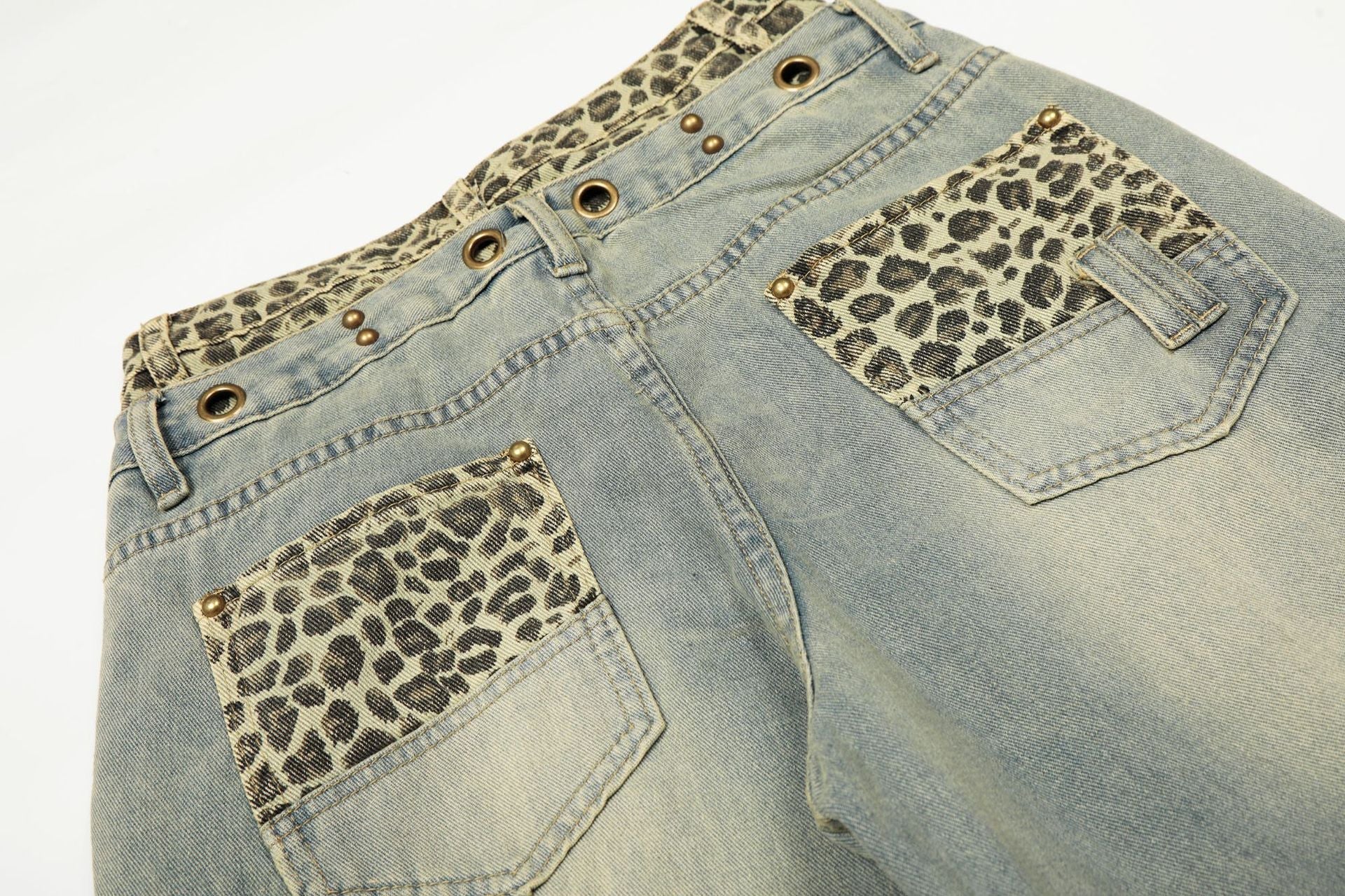Leopard Waistband Washed Whisker Wide Leg Denim Jeans