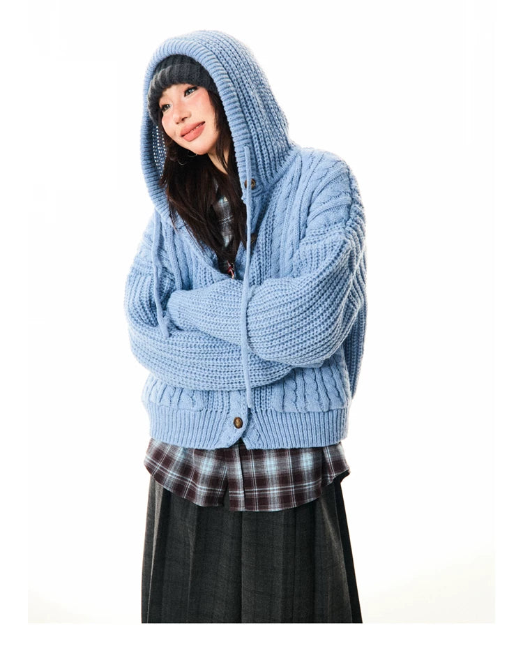 Hooded Button Oversize Cable Knit Cardigan