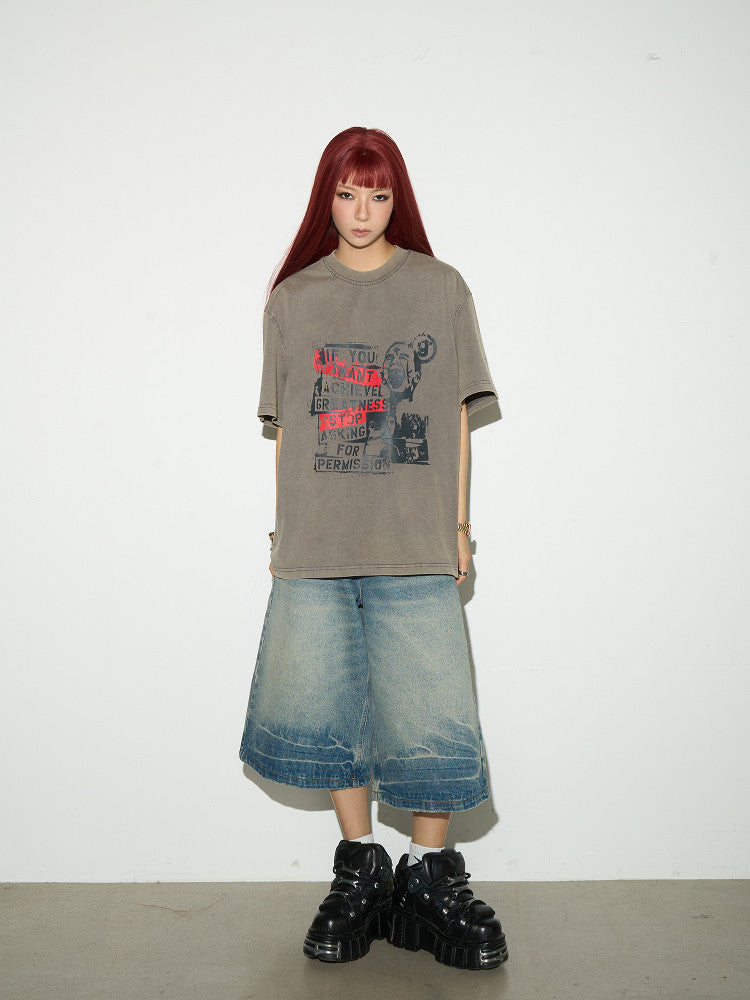 Graphic Letter Print Washed Short Sleeve T-Shirt