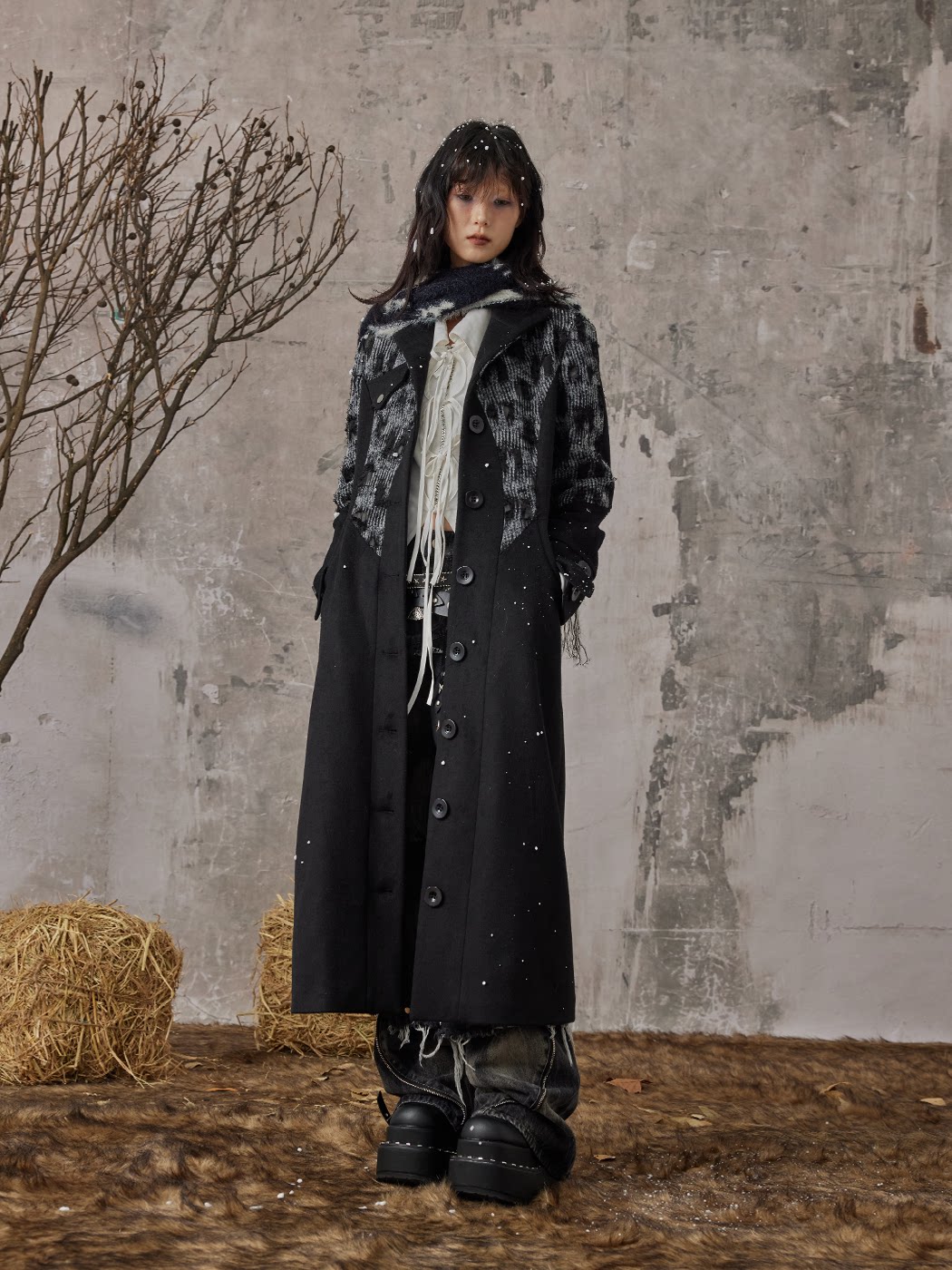 High-Neck Studs Patchwork Wool Coat