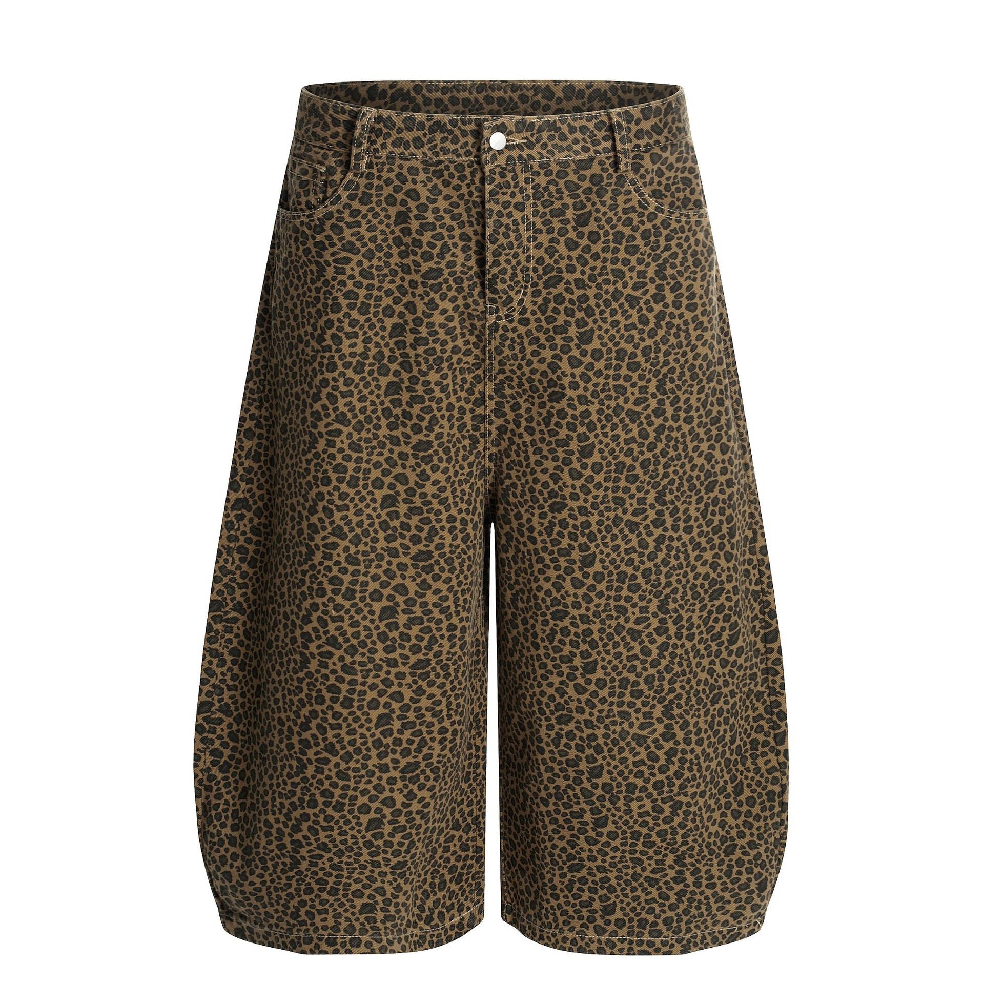 Leopard Print Curved Cargo Half Pants