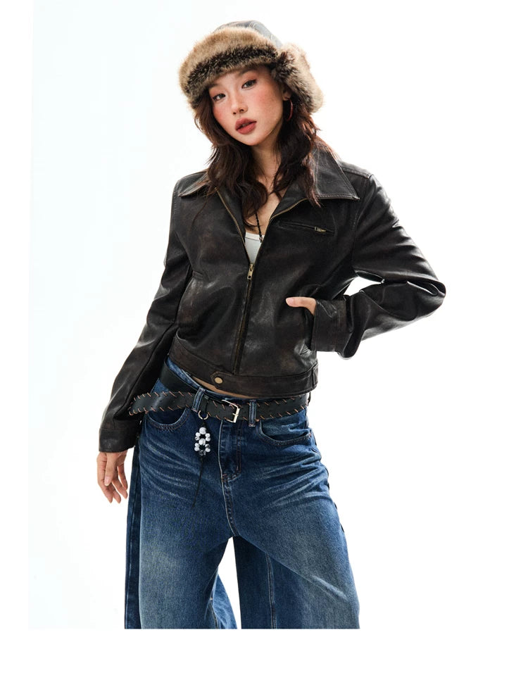PU Leather Washed Zipper Short Length Jacket