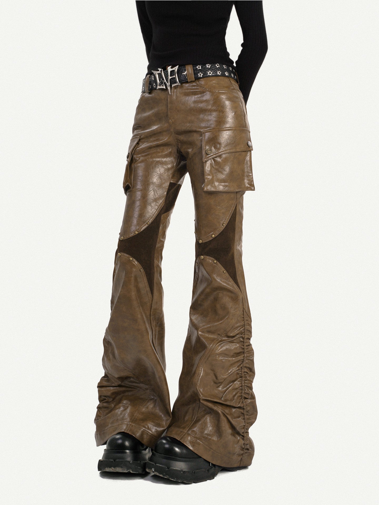 PU Leather Patchwork Fitted Flare Pants