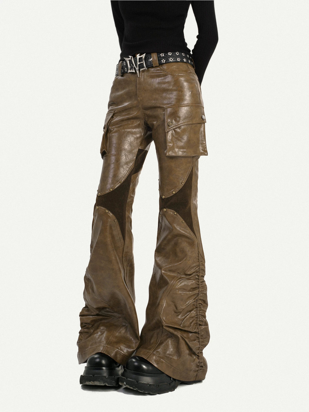 PU Leather Patchwork Fitted Flare Pants