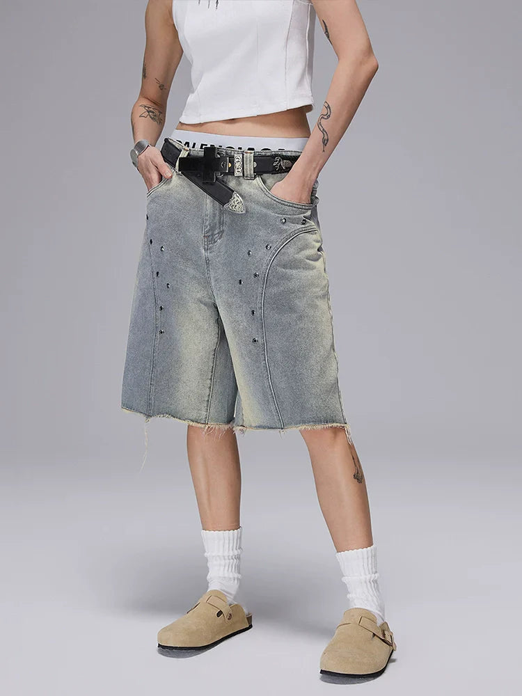 Panel Perforated Wash Straight Denim Short