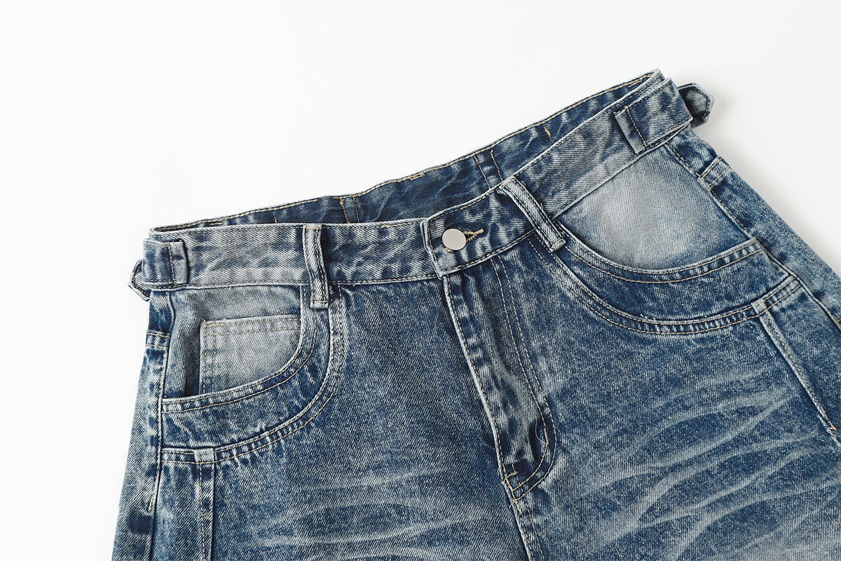 Washed Damage Splice Wide Leg Denim Jeans