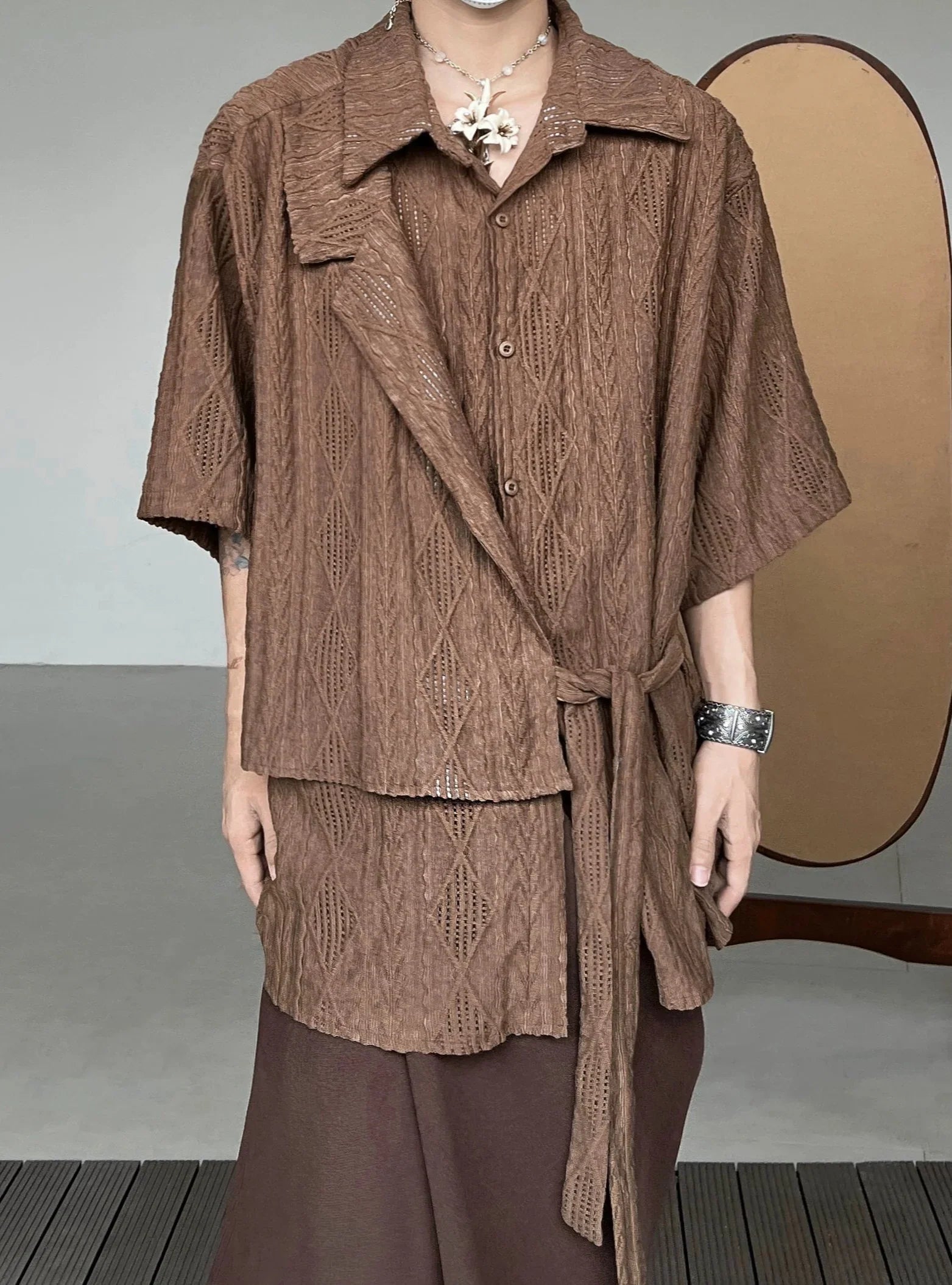 Jacquard Hollow Patchwork Texture Short Sleeve Shirt