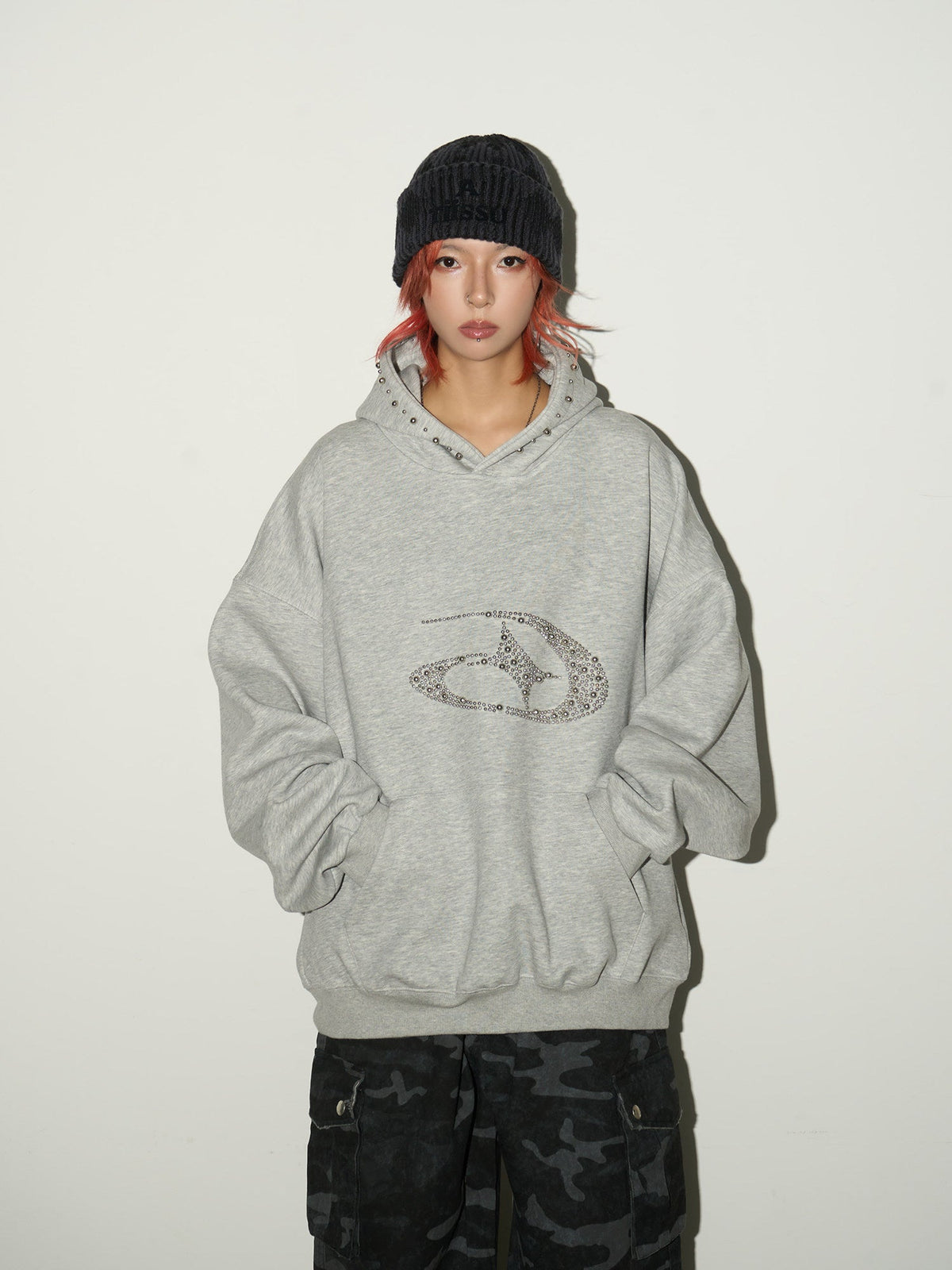 Studded Beaded Design Oversize Pullover Hoodie
