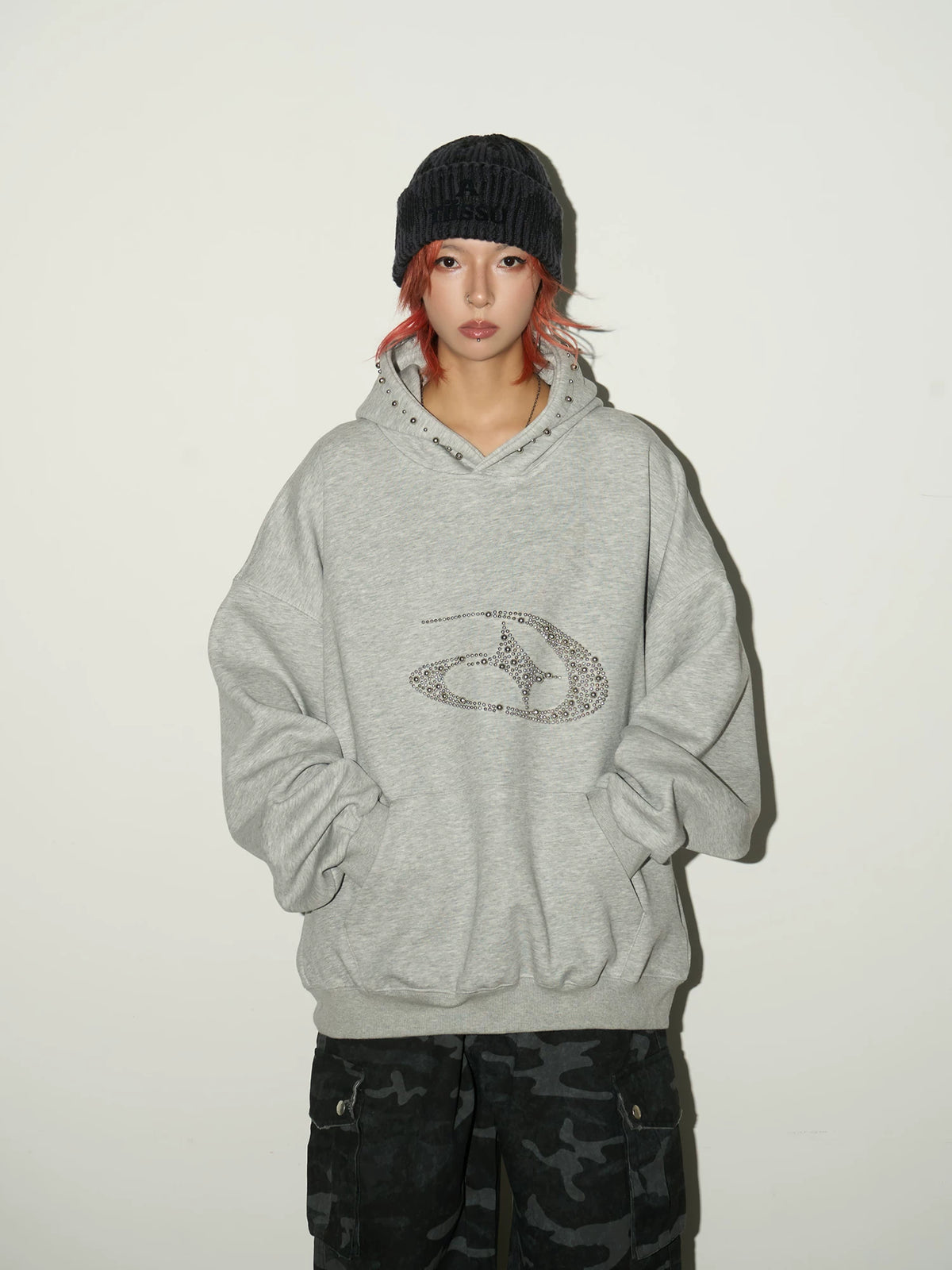 Studded Beaded Design Oversize Pullover Hoodie