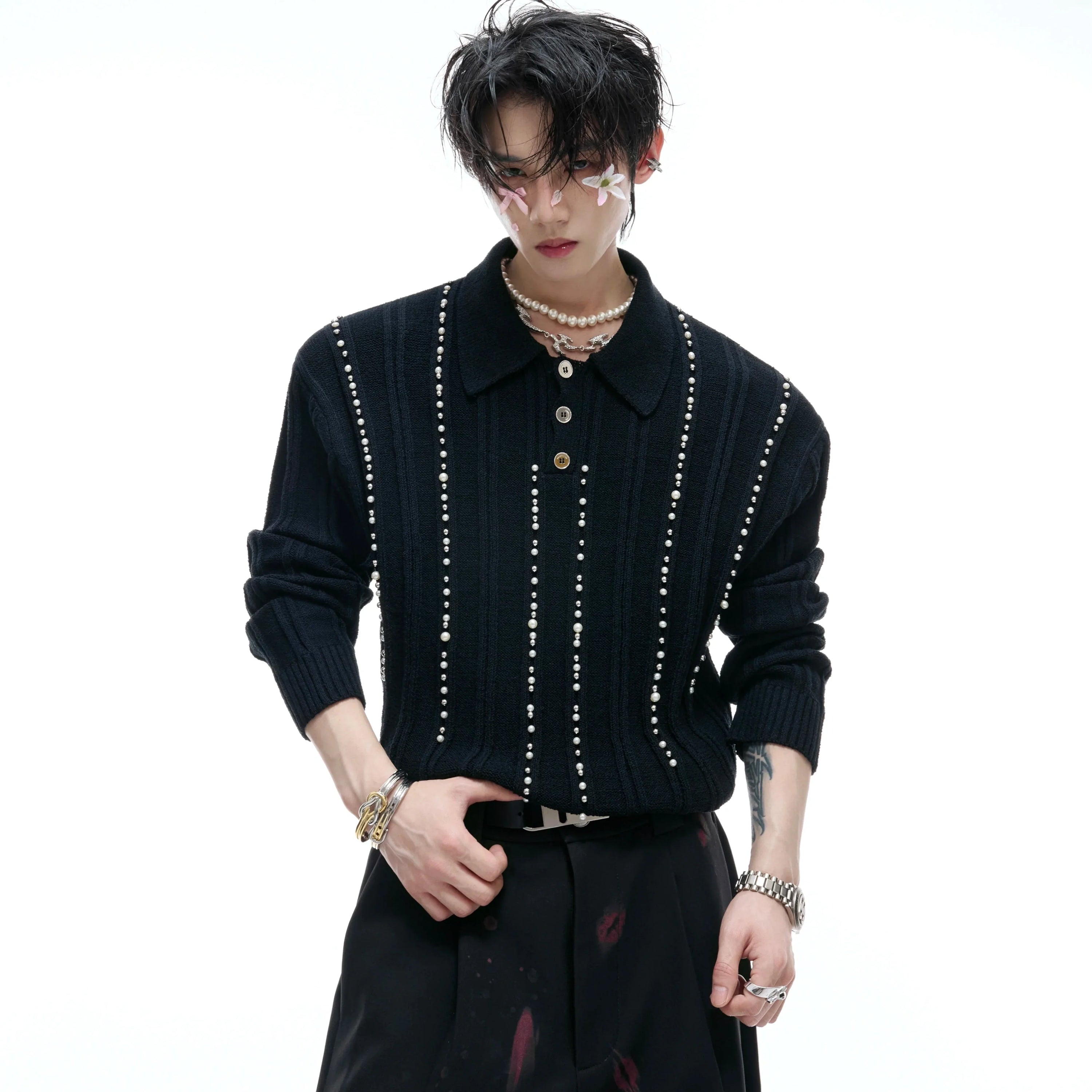 Pearl Beads Detail Knit Polo Shirt