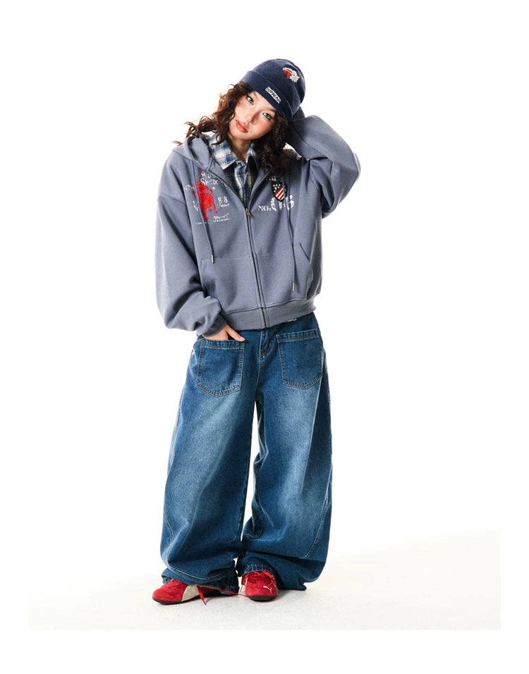 Letter Embroidery Washed Zipper Hoodie