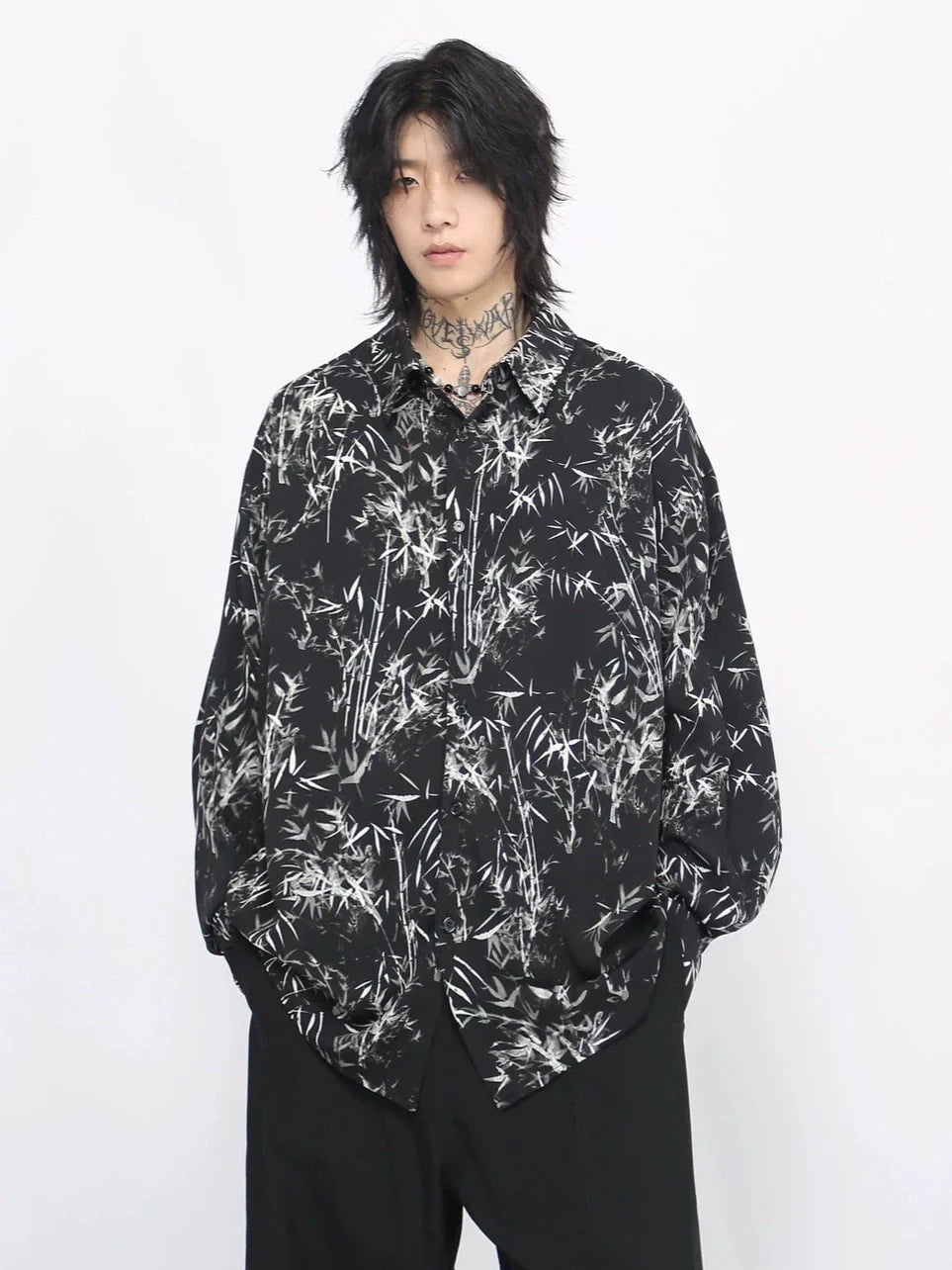 Bamboo Print Oversize Long Sleeve Shirt