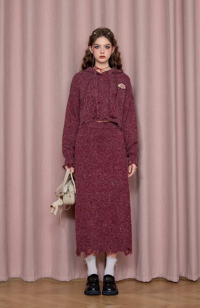 Textured Hooded Knit Sweater & Long Knit Skirt Setup