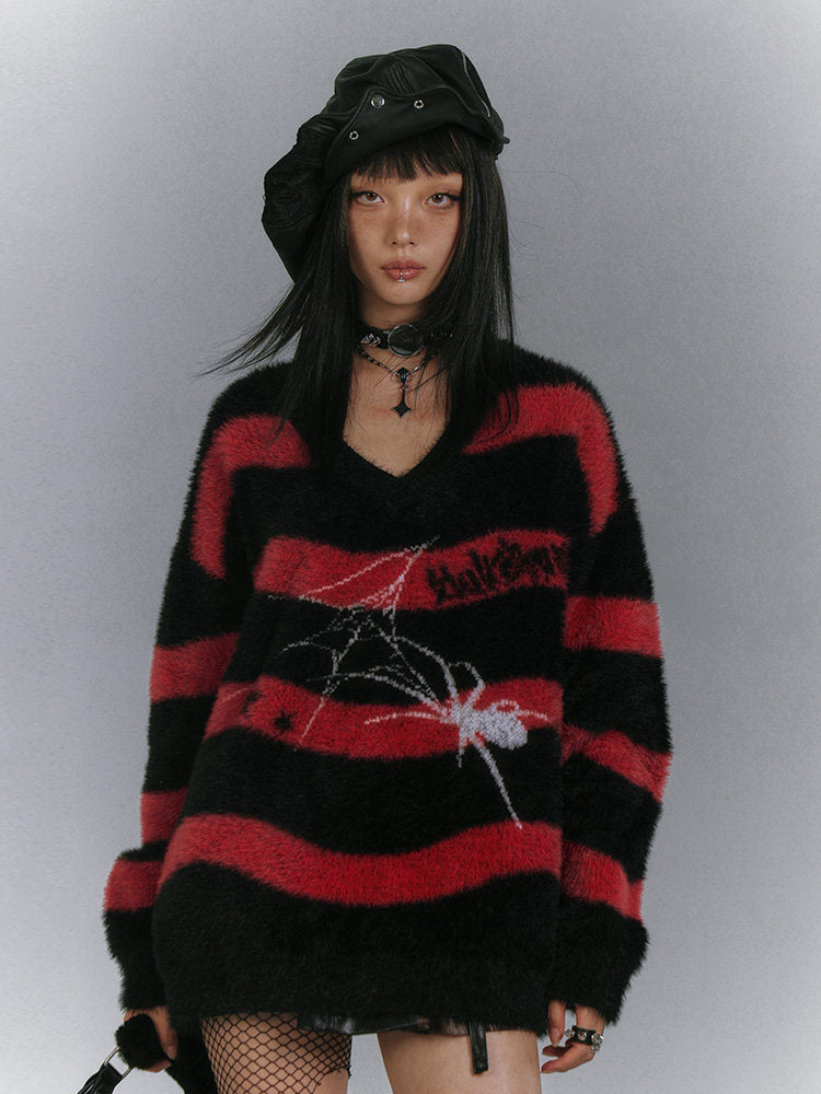 Mohair Spider Pattern Stripe Oversize V-Neck Knit Sweater