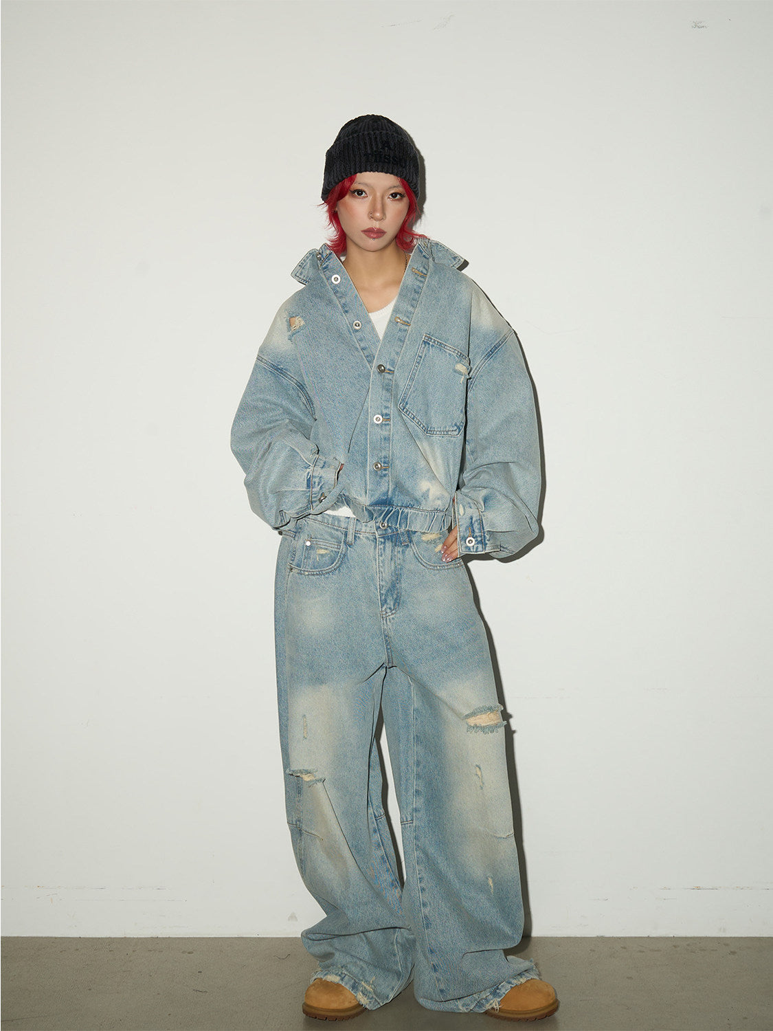 Ripped Damage Denim Jacket &wide Leg Denim Jeans Setup