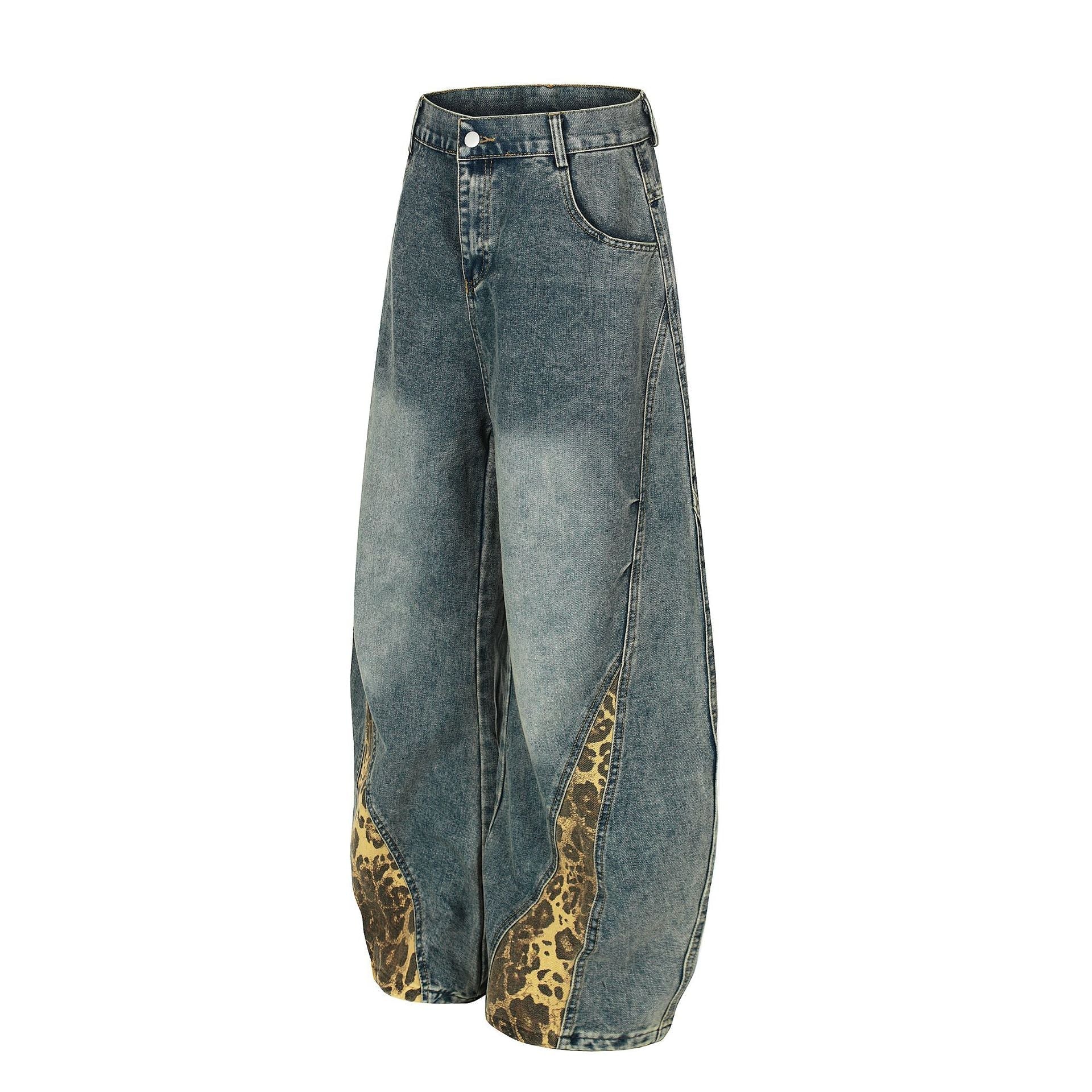 Washed Leopard Panel Curved Denim Jeans