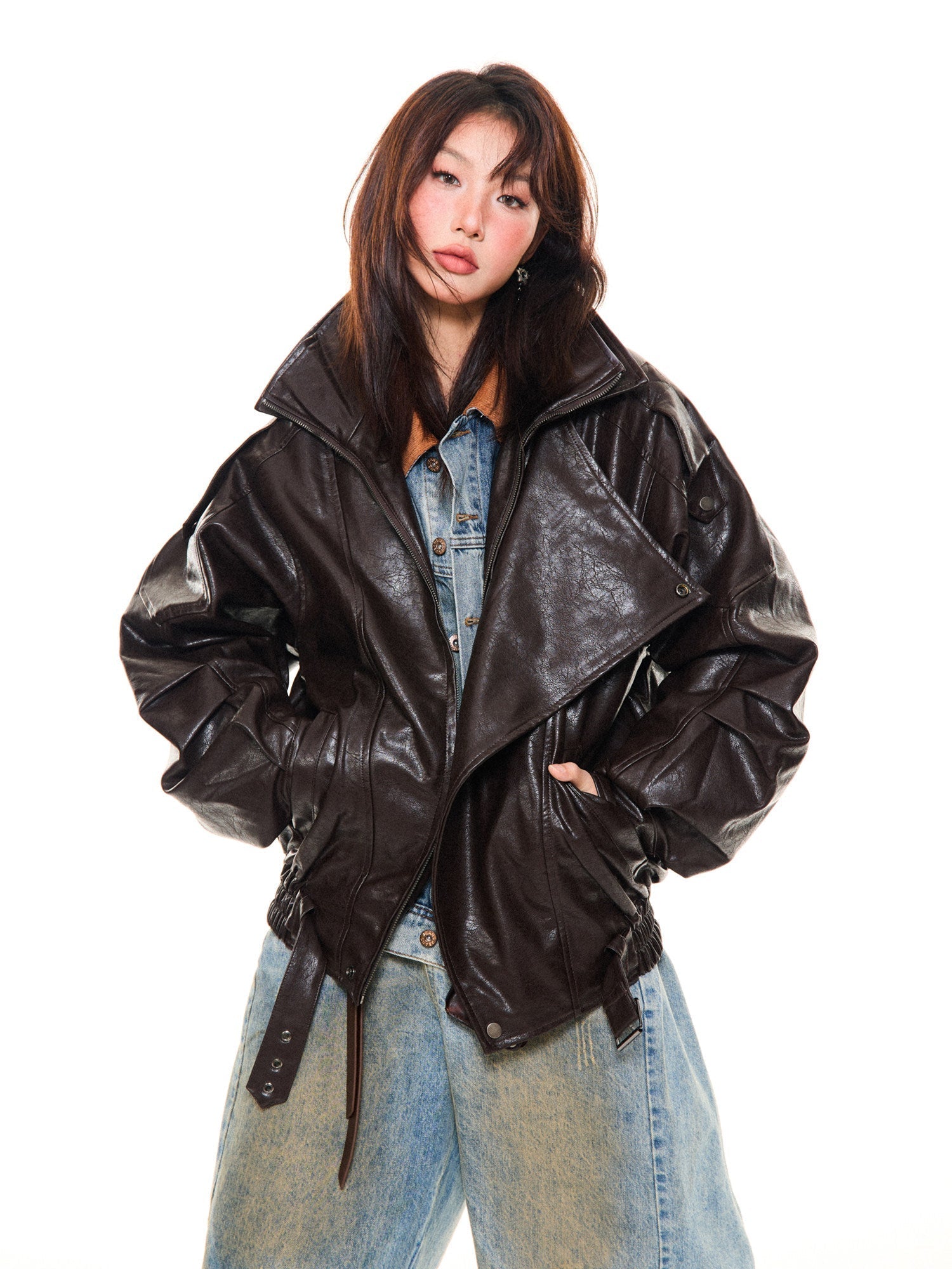 Asymmetrical Stand Collar PU Leather Jacket