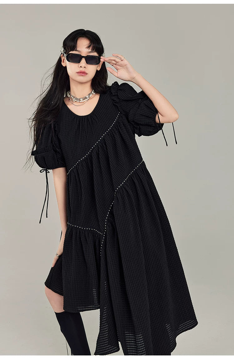 Jacquard Design Short Sleeve Dress With Irregular Hem Length