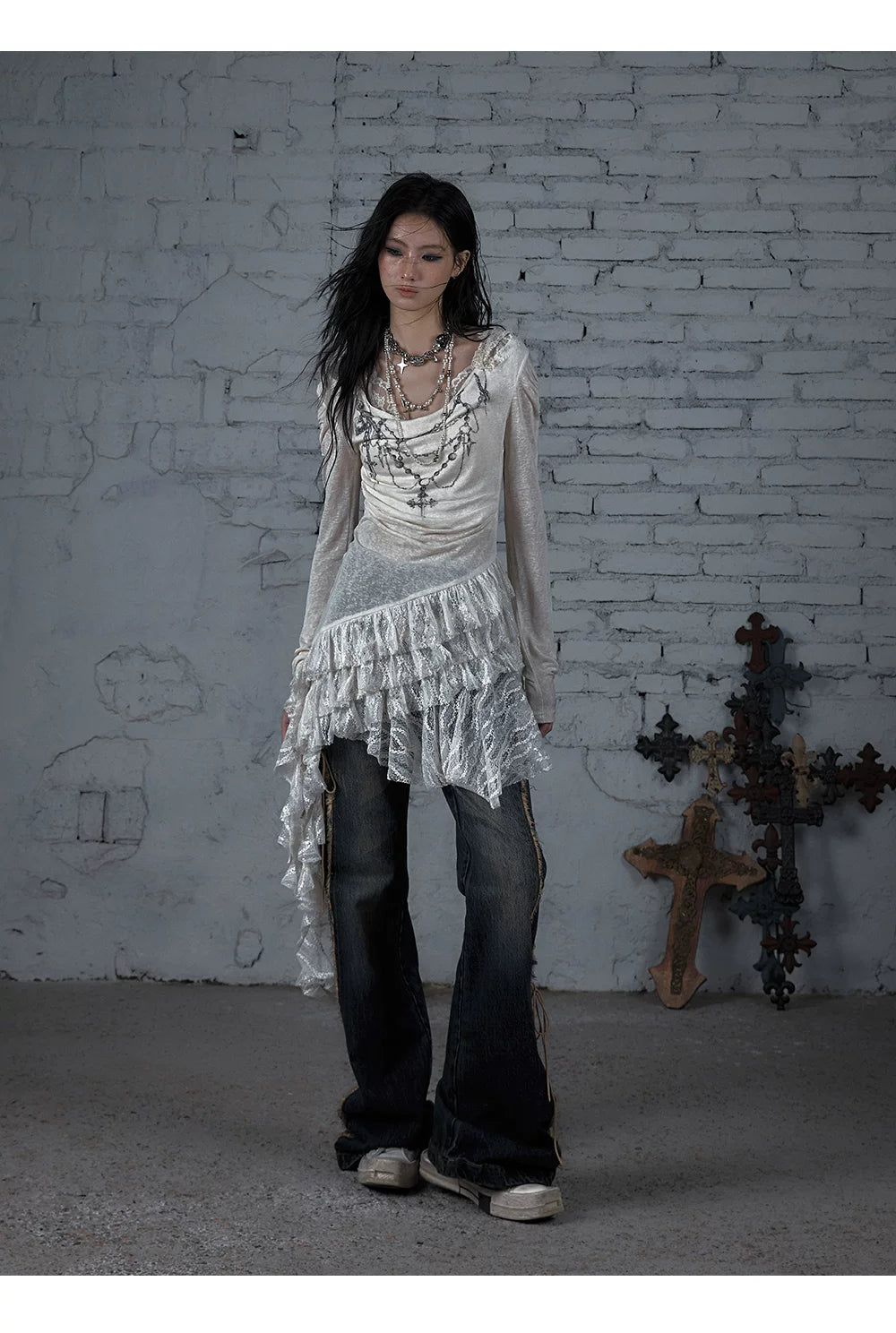 Lace Hooded Asymmetric Ruffle Dress