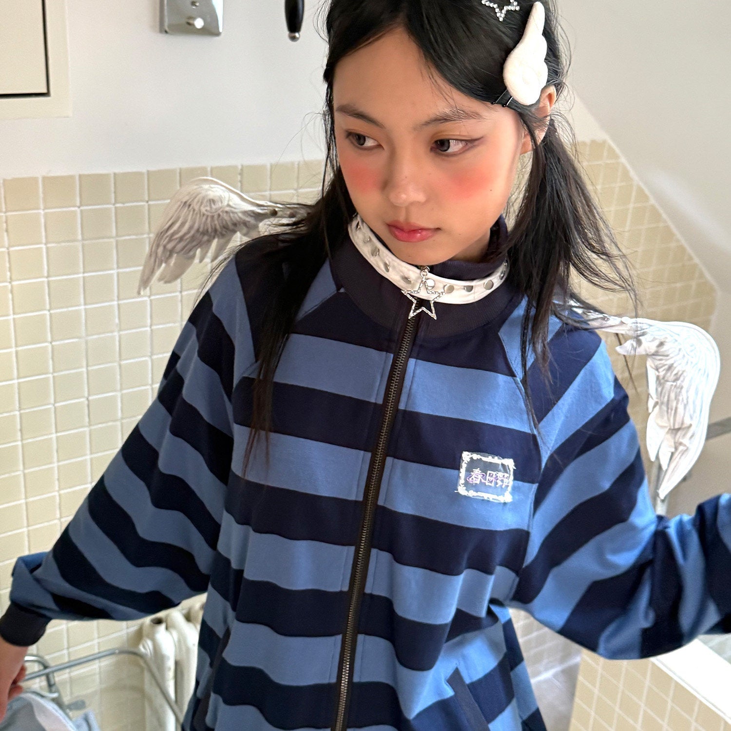 Striped Oversize Stand Collar Zipper Jacket