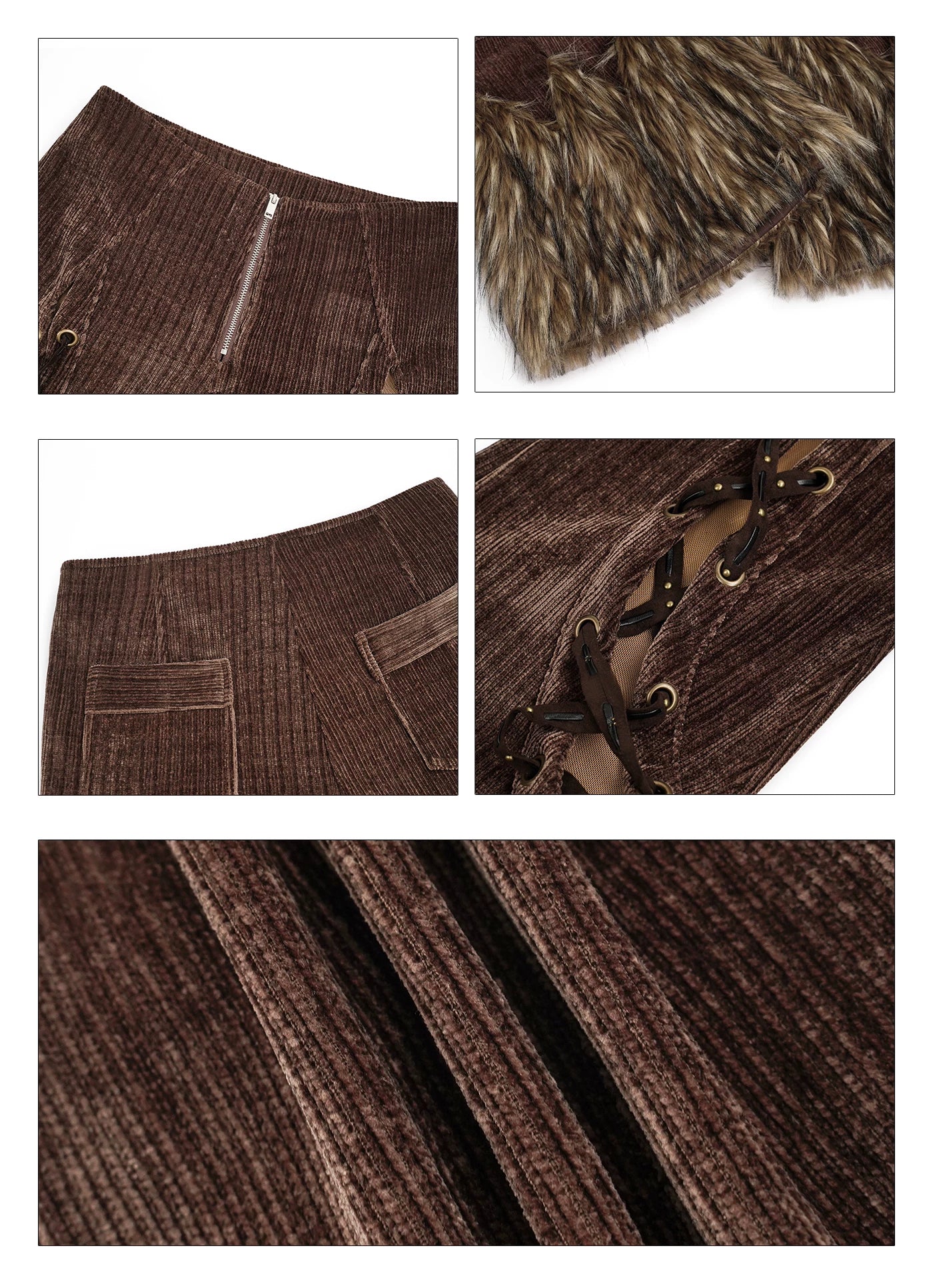 Corduroy Patchwork Fake Fur Lace-Up Slimming Pants