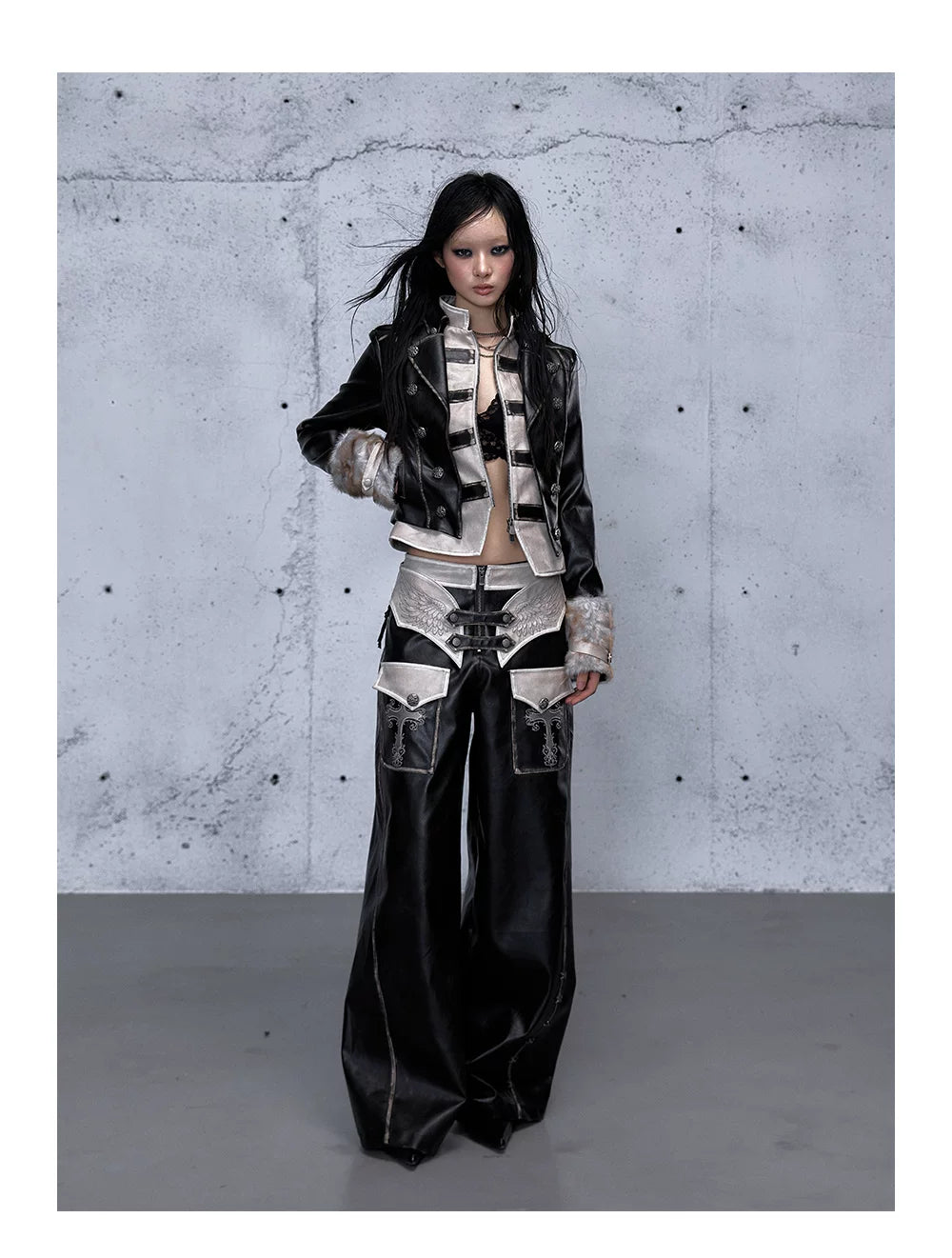 Lace Panel Buckle Detail Wide Leg PU Leather Pants