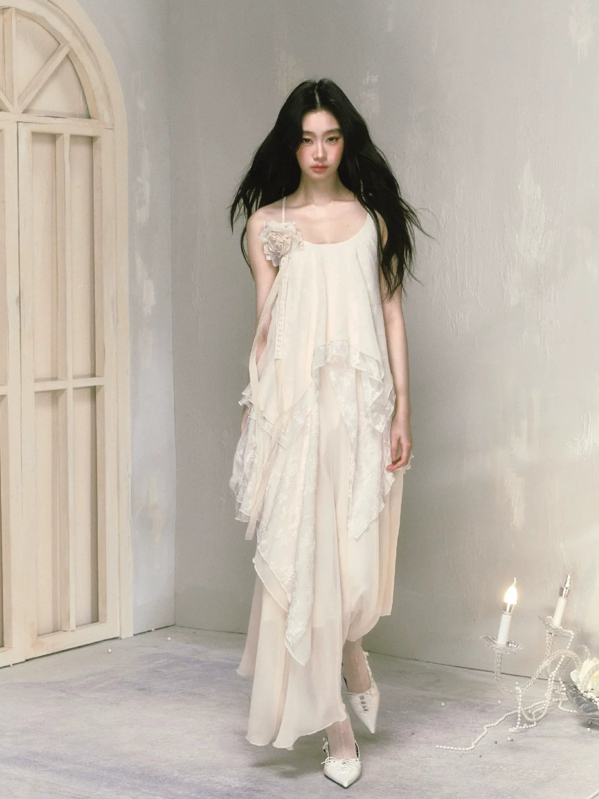 With Brooch Irregular Camisole Dress & Long Sleeve Shirt Setup