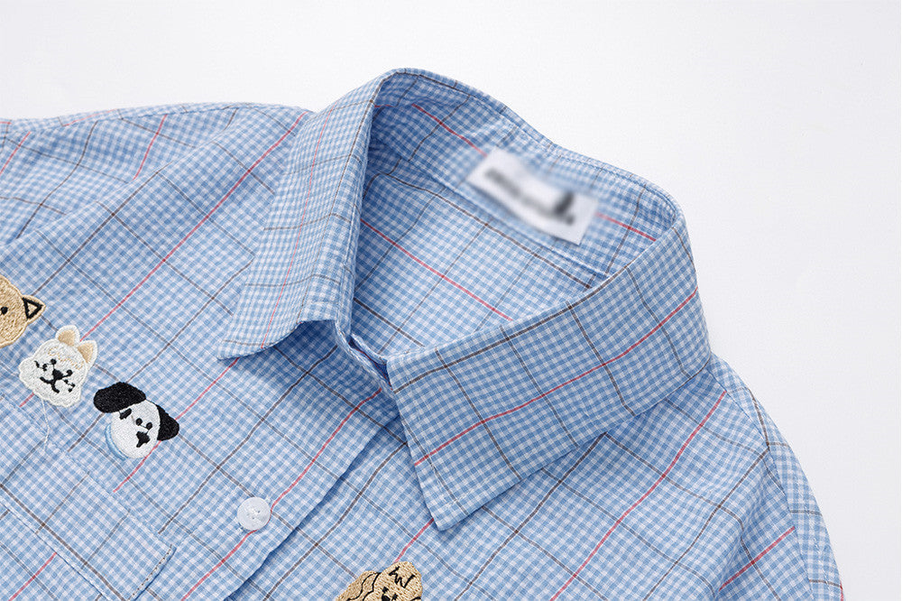 Cartoon-Embroidered Plaid Button-Up Shirt