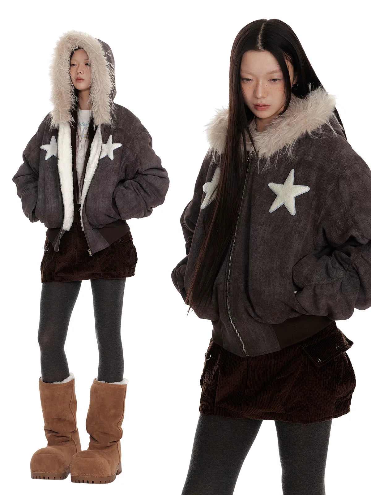 Fur Trim Patchwork Hooded Puffer Jacket