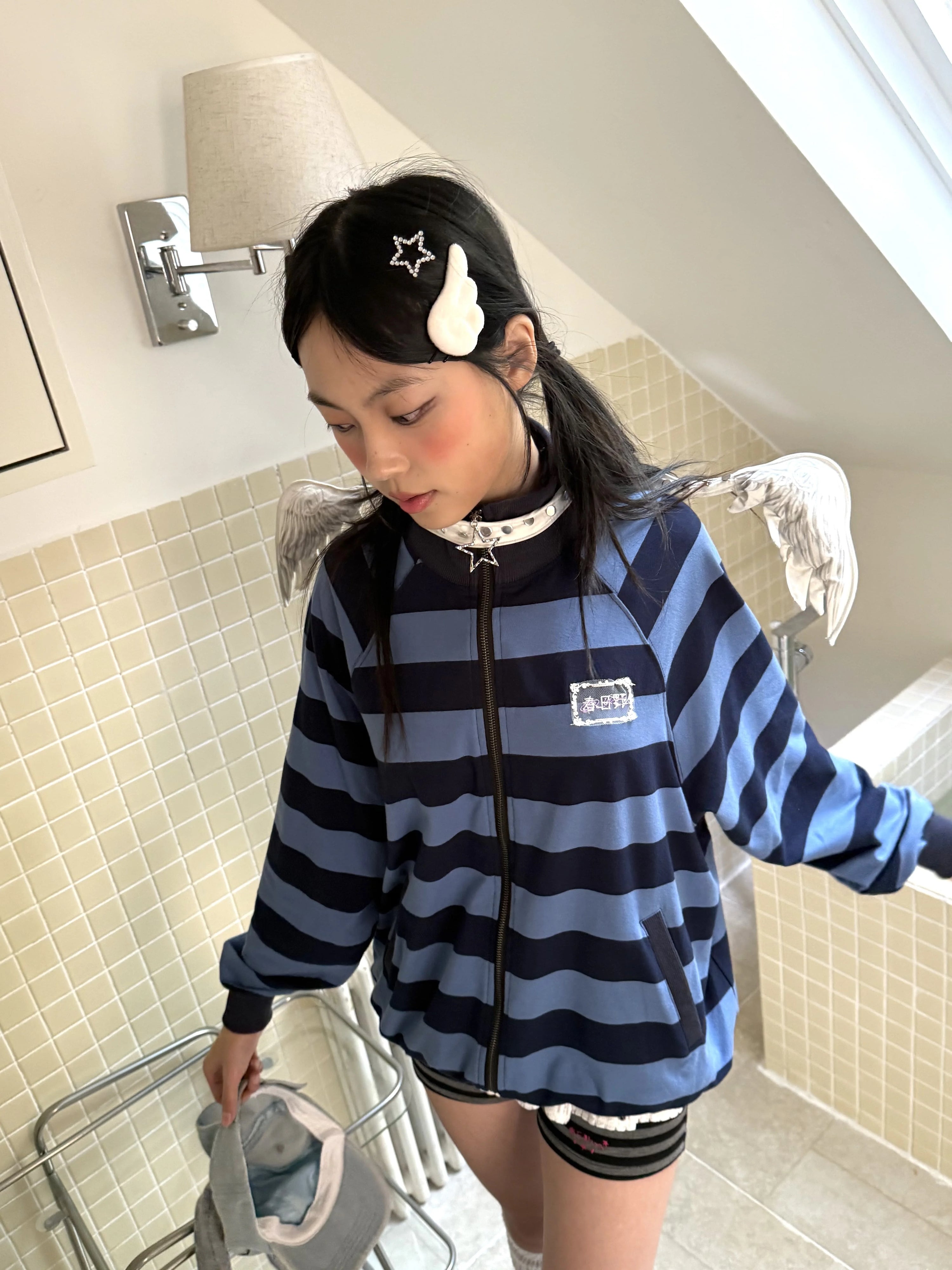 Striped Oversize Stand Collar Zipper Jacket