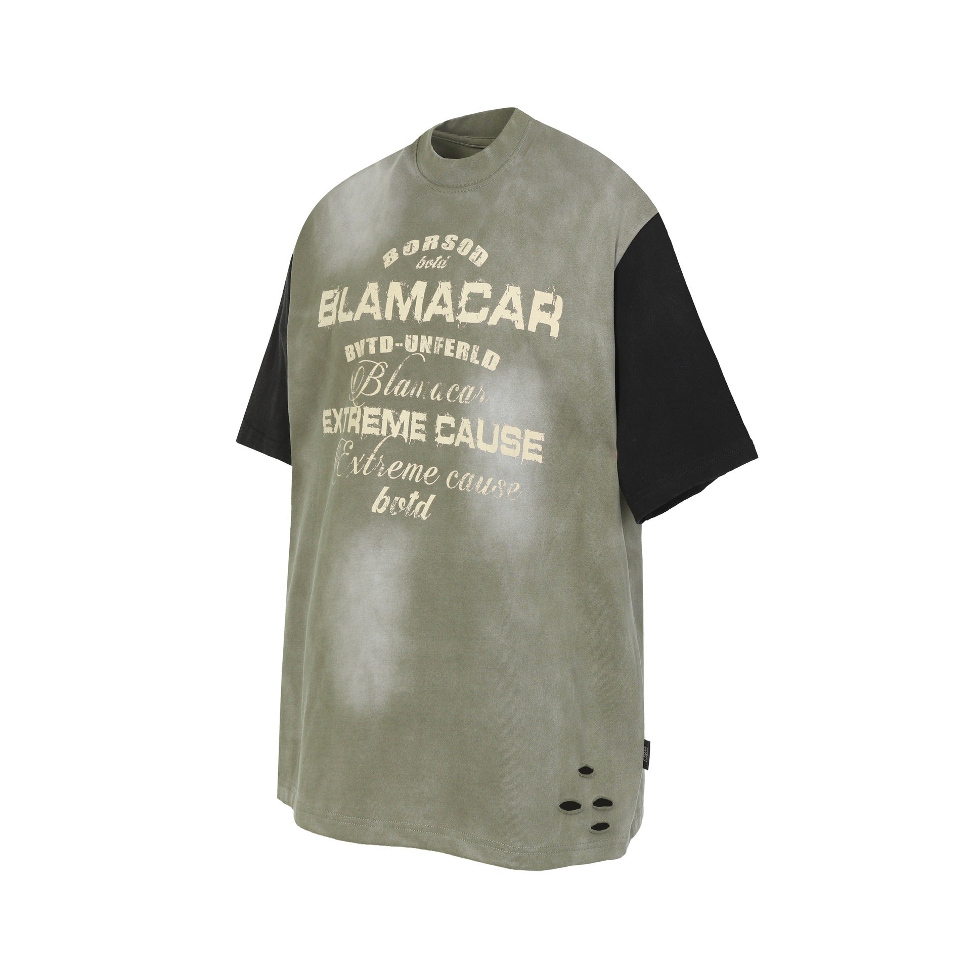 Letter Print Patchwork Wash Damage Short Sleeve T-Shirt