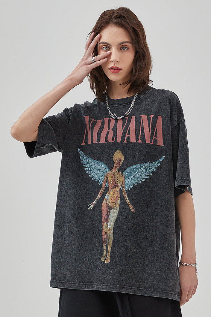 T-shirt rétro à manches courtes imprimé Nirvana